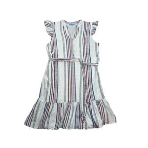Draper James RSVP Red Blue Stripe Ruffle Tired V Neck Tie Waist Dress Size M